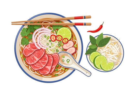 A digital illustration of a bowl of Pho with raw beef, noodles, and fresh herbs, accompanied by a side of lime and chili, viewed from directly above.