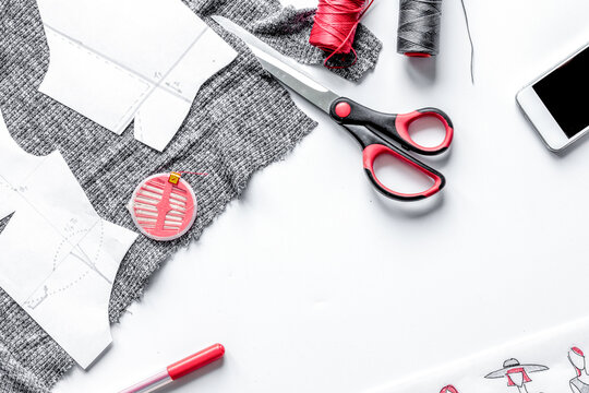 desktop designer clothes with tools top view mock up