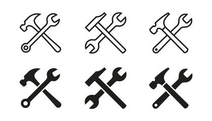 Naklejka premium Outline and filled icons of crossed hammer and wrench tools