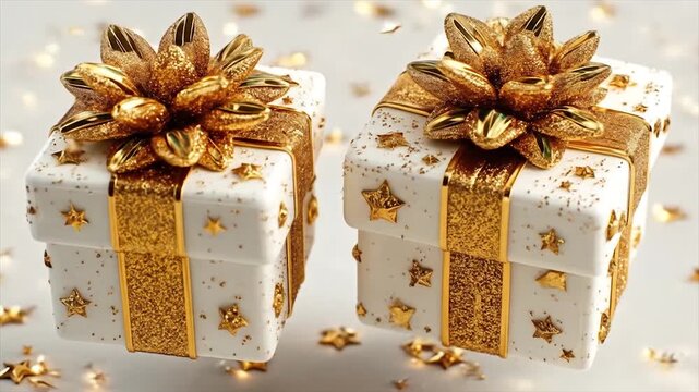Decorated gift boxes with golden bows and ribbons on a festive background