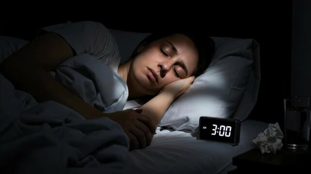 A woman struggles with severe insomnia, enduring prolonged sleeplessness, persistent wakefulness, intense restlessness, overwhelming fatigue during the late night, a common sleep disturbance disorder