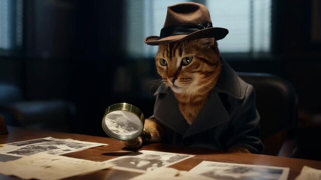 Detective Cat in Trench Coat Examining Papers in Office Background