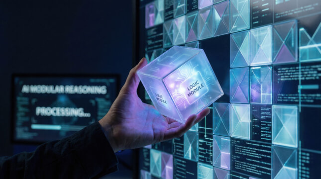 AI modular reasoning coding software development concept with autonomous agents holding glowing logic module cube in futuristic digital interface
