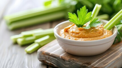 Celery-based snack like sticks with peanut butter or a celery dip, with fresh celery as garnish, set against a clean background.