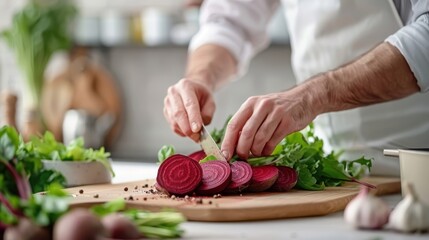 Close-up of beetroot being sliced, emphasizing its deep red color and texture on a rustic wooden cutting board.