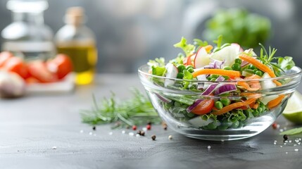 Green pea salad with mixed vegetables in a clear glass bowl with a light dressing, emphasizing freshness and color.