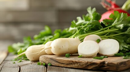 Close-up of daikon radish being sliced, emphasizing its crisp texture and white interior on a rustic wooden cutting board.