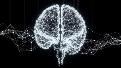Glowing neural network brain with connections on black background