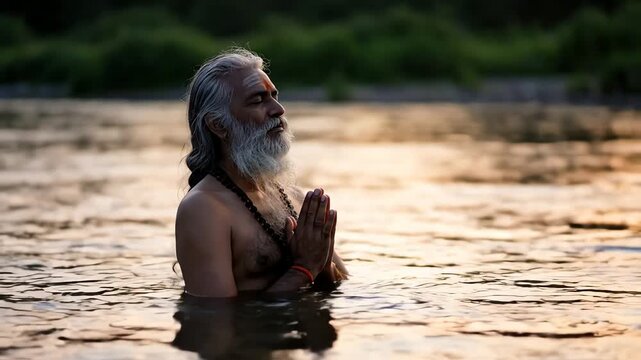 Mature Man with Gray Beard Meditating in River at Sunset with Hands Pressed Together in Prayer and Orange Bracelet on Wrist