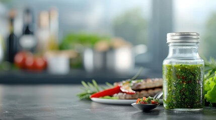 Chimichurri sauce in a glass jar with a spoon, set beside grilled dishes and fresh ingredients on a modern kitchen counter.