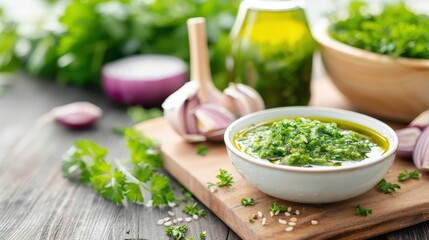 Recipe card for homemade chimichurri sauce with ingredients and preparation steps elegantly presented around a bowl of sauce.