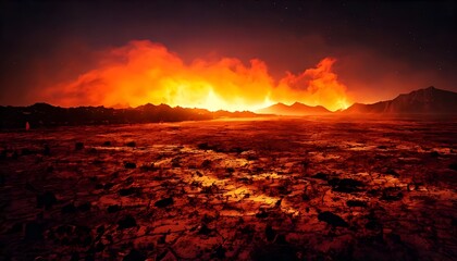 Vast landscape dominated by an erupting volcano under a starry night sky