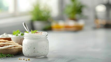 Raita in a glass jar with a spoon, beside Indian condiments and flatbreads on a modern kitchen counter.