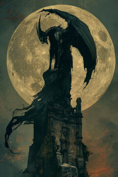 Dark gothic gargoyle statue perched on a tower against a massive full moon. Spooky halloween horror concept art with an eerie midnight atmosphere.