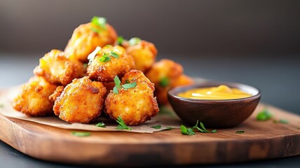 Mouthwatering close-up of crispy popcorn chicken with tangy honey mustard sauce on a rustic wooden board, garnished with fresh herbs.