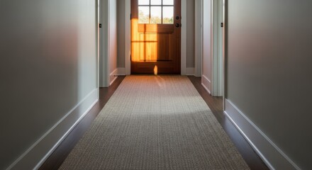 Warm sunlight streams through a wooden entry door illuminating a long hallway runner.