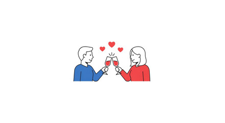 Fototapeta premium Couple toasting with champagne glasses, celebrating love with hearts above them, romantic gesture for Valentine's Day or anniversary