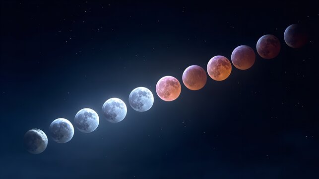 Total lunar eclipse sequence showing progression across dark sky