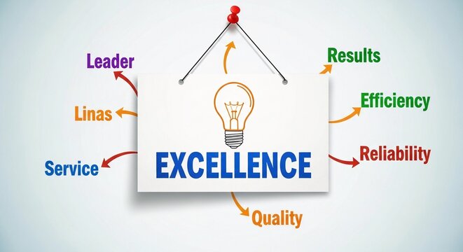 Concept of business excellence visualized through key principles on a hanging sign