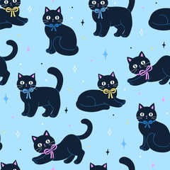 Seamless pattern with black cats wearing bows on their necks. Vector graphics.
