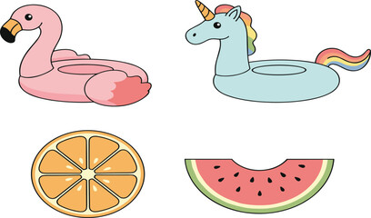 Summer Pool Floats with Flamingo and Unicorn Rings and Fresh Fruit Slices in Hand Drawn Flat Vector Illustration