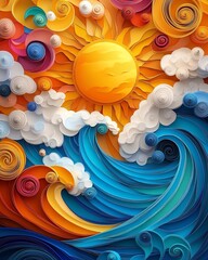 Vibrant sun and waves in colorful paper art.