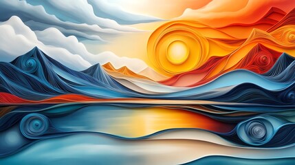 Vibrant sunset over abstract mountain scene.