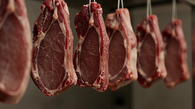 Close-Up Of Raw Beef Steaks Hanging Suspended By Hooks In A Butcher Shop Or Meat Processing Facility, Showcasing Marbling And Texture