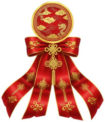 Red Chinese ribbon png Festive bow decoration cutout Traditional new year medallion png Gold cultural ornament cutout Auspicious chinese isolated transparent background image