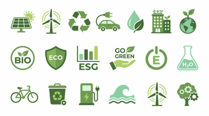 Modern Vector Green Sustainability Icon Set &ndash; Renewable Energy, Eco-Friendly Living, Climate Action, Recycling, ESG, Minimalist Design, Professional Symbolic Visuals, Catalog Ready Assets