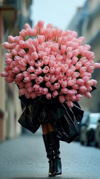 Una figura envuelta en un manto de tulipanes rosas avanza por una calle empedrada.