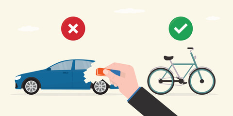 Businessman hand uses an eraser to remove blue car, while bicycle stands next to it with green check mark. Eco-friendly transport over cars. Sustainable development, eco lifestyle © Alina