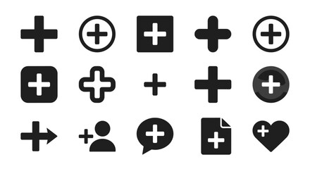 Obraz premium Plus and Add Button Icon Set. Black Silhouette Symbols for User Interface, Positive Action and Mathematics on White Background