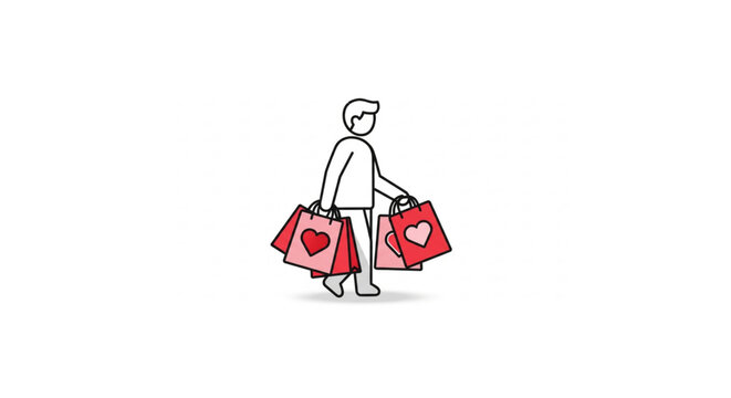 Simple illustration of a person carrying shopping bags adorned with heart symbols, symbolizing love and gifts