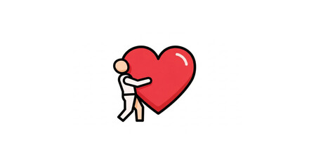 Stylized vector illustration of a small figure gently hugging a large red heart, symbolizing profound love, care, empathy, and emotional connection in human relationships