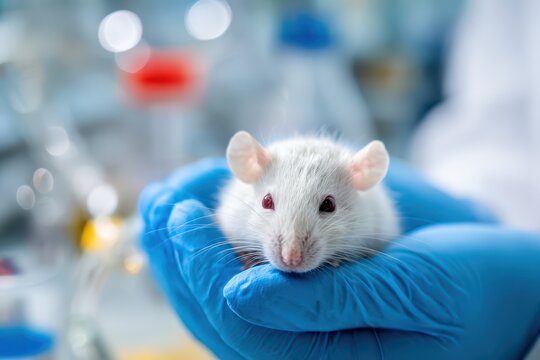 Careful handling of a white rat during a healthcare science procedure in a sterile lab