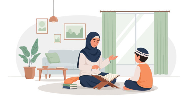 Mother teaching son Islamic lessons at home, Quran study session