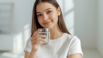 a young woman holds a clear glass of water in her right hand