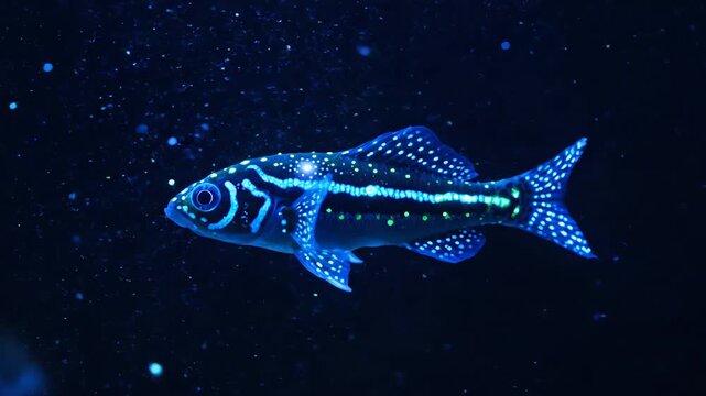 Radiant Zebra Fish Swimming in Dark Aquatic Ambience with Luminous Markings Cyan and Green Details and Scattered Bubbles