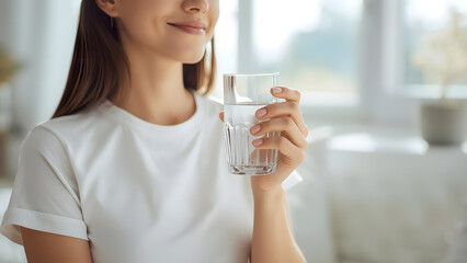 a young woman holds a clear glass of water in her right hand