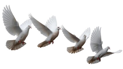 Obraz premium Four white doves in flight captured from a low angle against a clear background