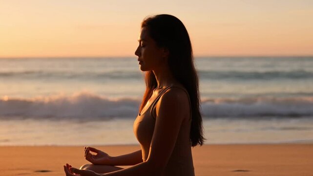 Woman meditating on serene beach at golden sunrise with soft warm lighting for wellness and mindfulness