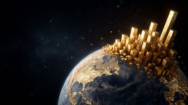 Golden Cityscape on Earth: A conceptual representation of the earth, embellished with a golden cityscape that embodies ambition, economic prosperity, and urban growth.