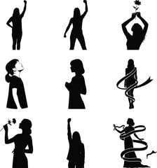 Silhouettes of women in various poses representing strength, empowerment, and awareness on white.