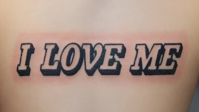 "I love me" tattoo.
