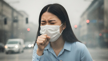 An asian woman white mask stands in a hazy urban landscape