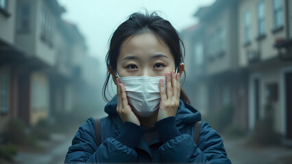 An asian woman white mask stands in a hazy urban landscape