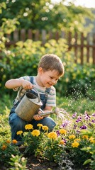 Little Boy Crouching and Watering Flowers in Sunny Backyard Garden