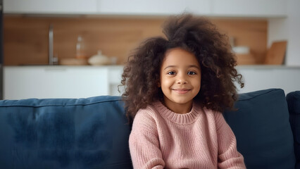 A young girl with a warm, light brown complexion and a full head of soft, voluminous curly hair sits comfortably on a plush