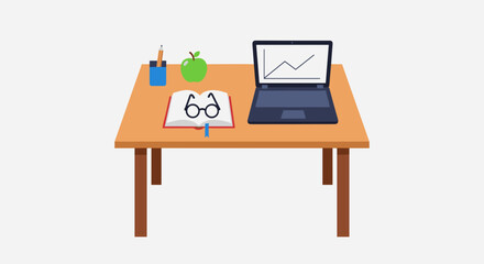Fototapeta premium Laptop on a wooden desk with office supplies.